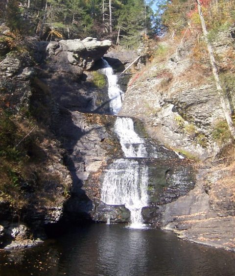 A tall waterfall over a rock face surrounded by autumn forest on both sides