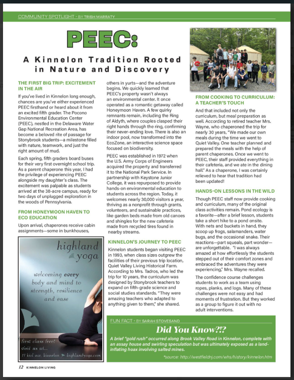 A picture of the news article "PEEC: A Kinnelon Tradition Rooted in Nature and Discovery", page 1