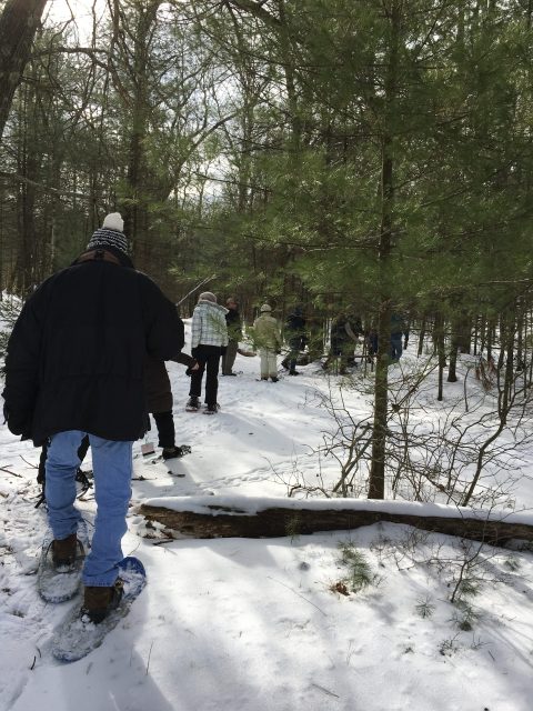 A group of people snowshoeing on a winter trail