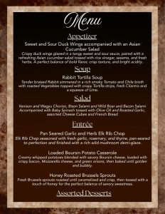 Menu Items for the 2026 Wild Game Dinner